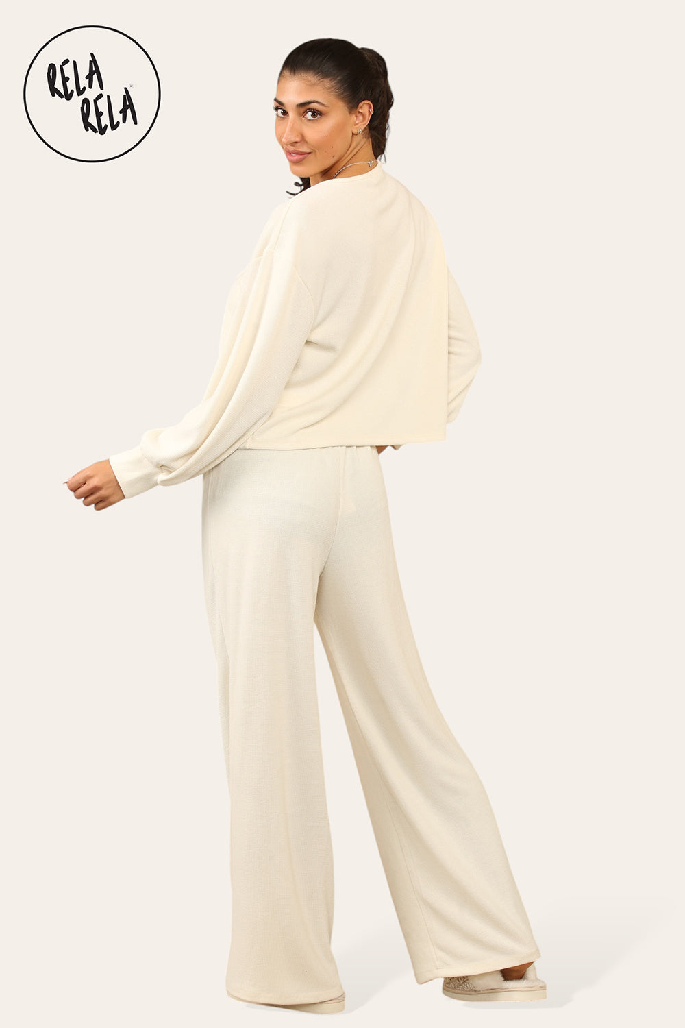 Balloon Sleeve Tie Front Top & Wide Leg Trousers Co-Ord Set in Cream