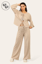 Balloon Sleeve Tie Front Top & Wide Leg Trousers Co-Ord Set in Camel