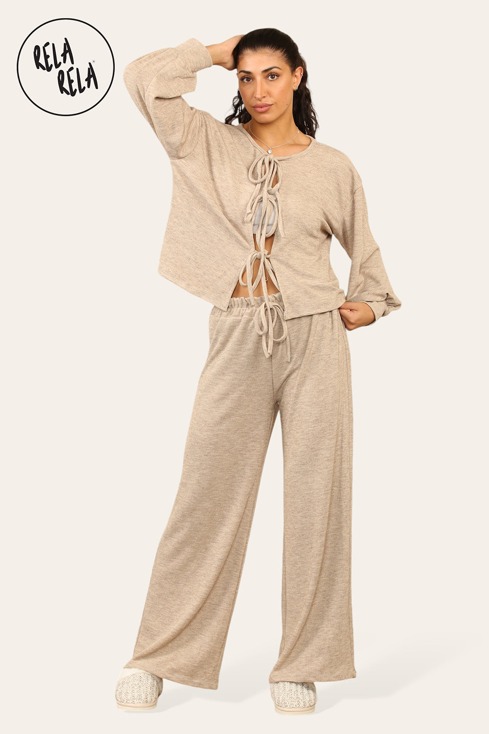 Balloon Sleeve Tie Front Top & Wide Leg Trousers Co-Ord Set in Camel