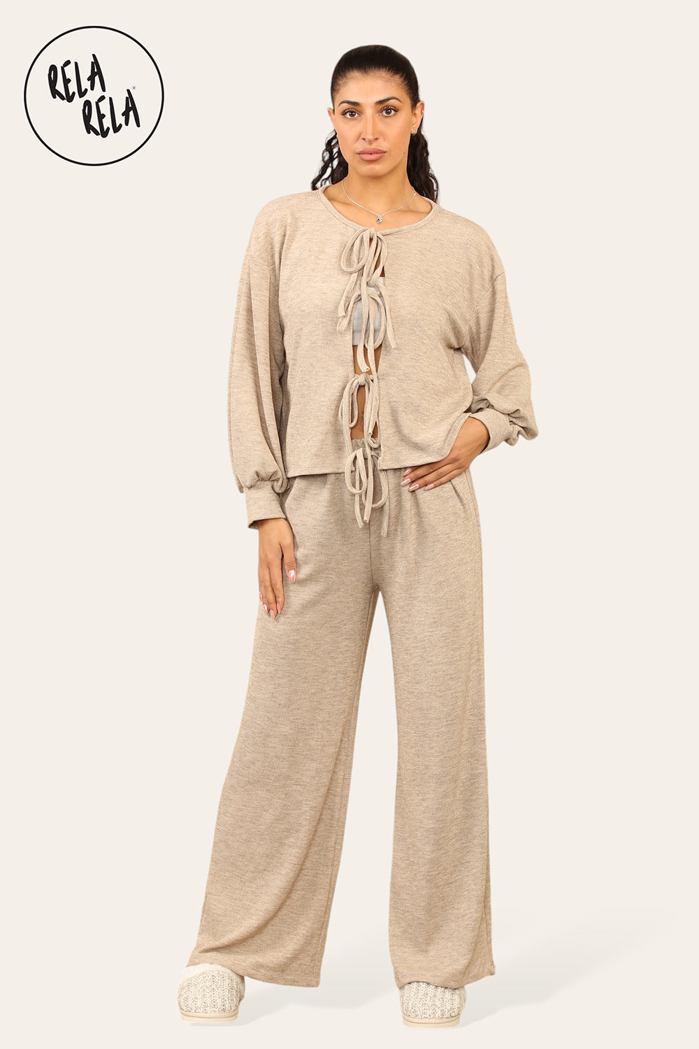 Balloon Sleeve Tie Front Top & Wide Leg Trousers Co-Ord Set in Camel