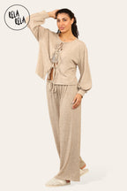 Balloon Sleeve Tie Front Top & Wide Leg Trousers Co-Ord Set in Camel
