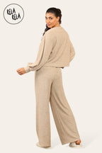Balloon Sleeve Tie Front Top & Wide Leg Trousers Co-Ord Set in Camel
