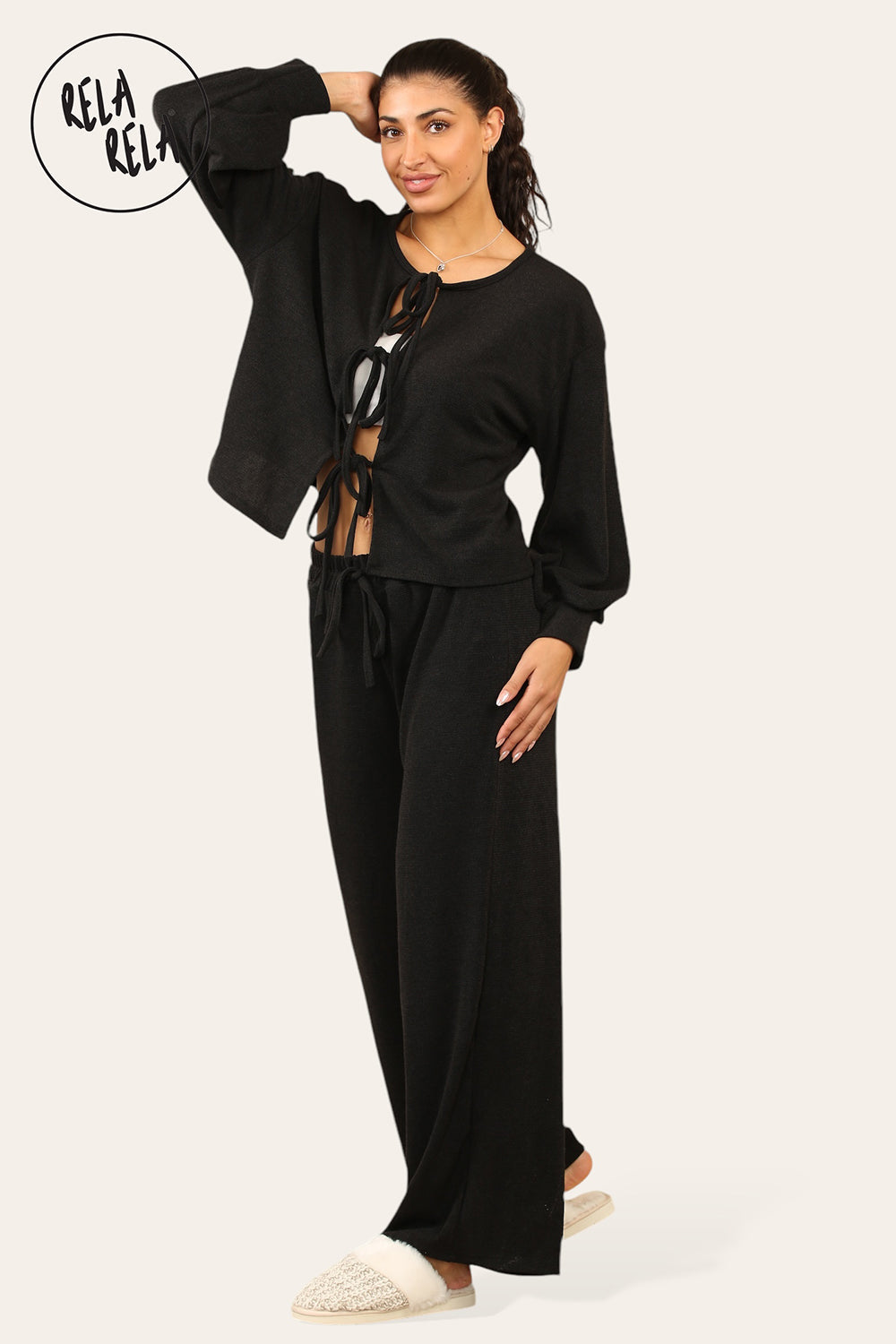 Balloon Sleeve Tie Front Top & Wide Leg Trousers Co-Ord Set in Black
