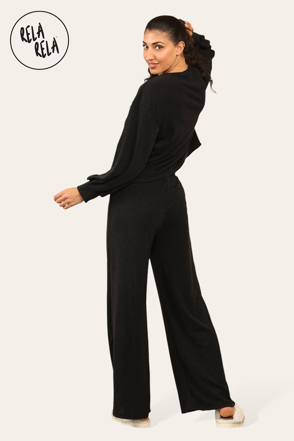 Balloon Sleeve Tie Front Top & Wide Leg Trousers Co-Ord Set in Black