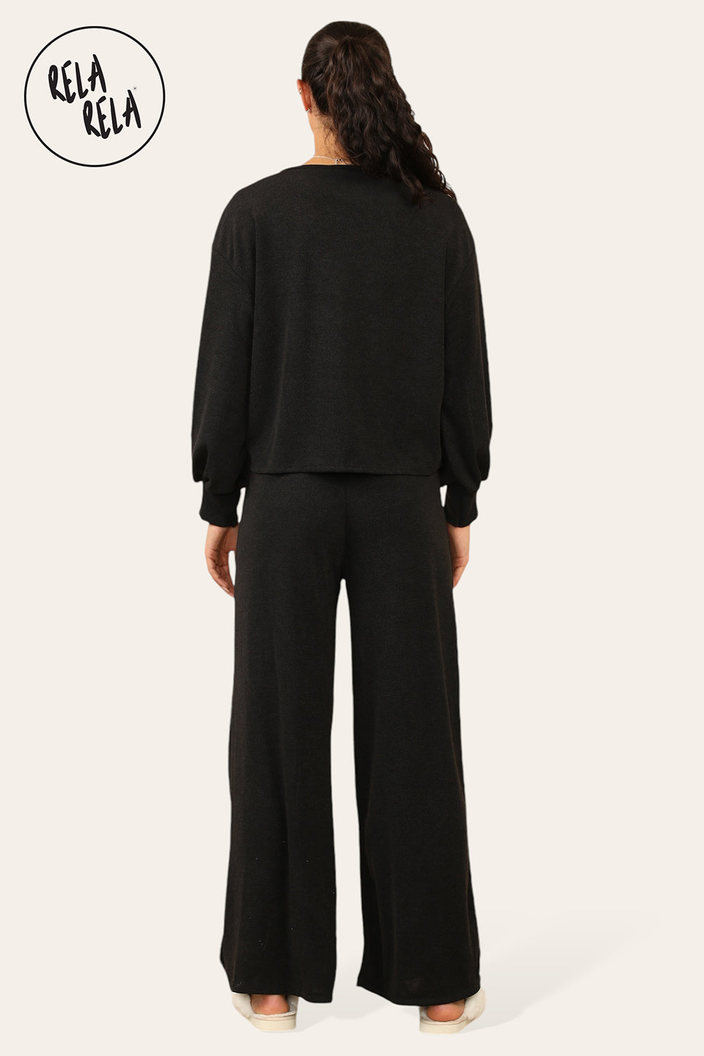 Balloon Sleeve Tie Front Top & Wide Leg Trousers Co-Ord Set in Black