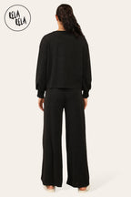 Balloon Sleeve Tie Front Top & Wide Leg Trousers Co-Ord Set in Black