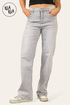 Viral Stretchy Straight Leg Jeans Soft Dad Fit in Light Grey