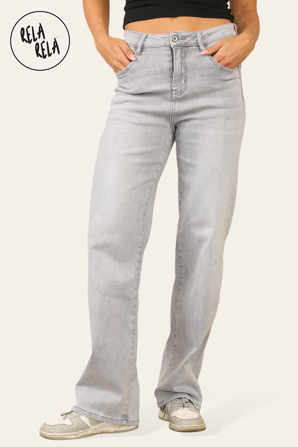 Viral Stretchy Straight Leg Jeans Soft Dad Fit in Light Grey