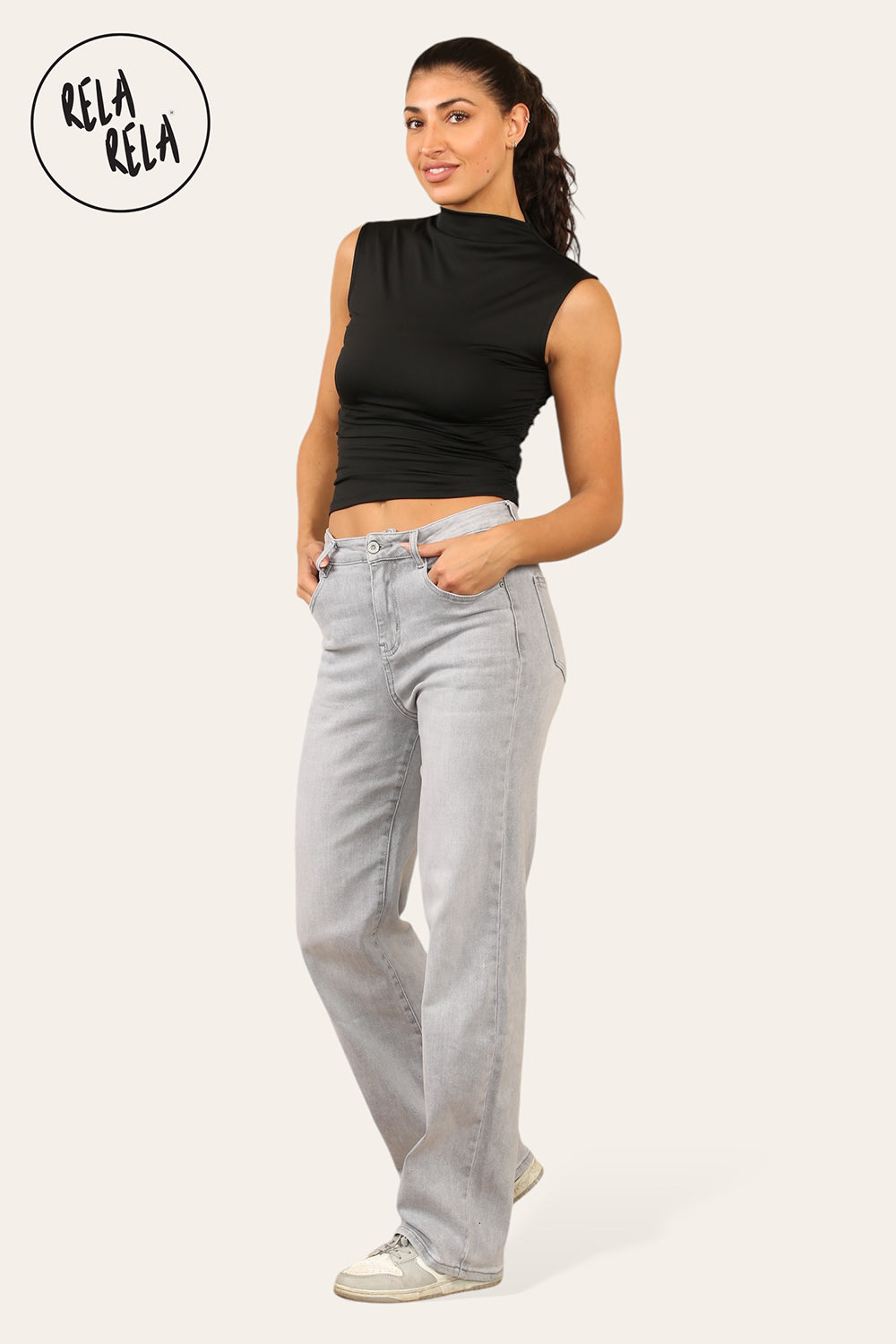 Viral Stretchy Straight Leg Jeans Soft Dad Fit in Light Grey