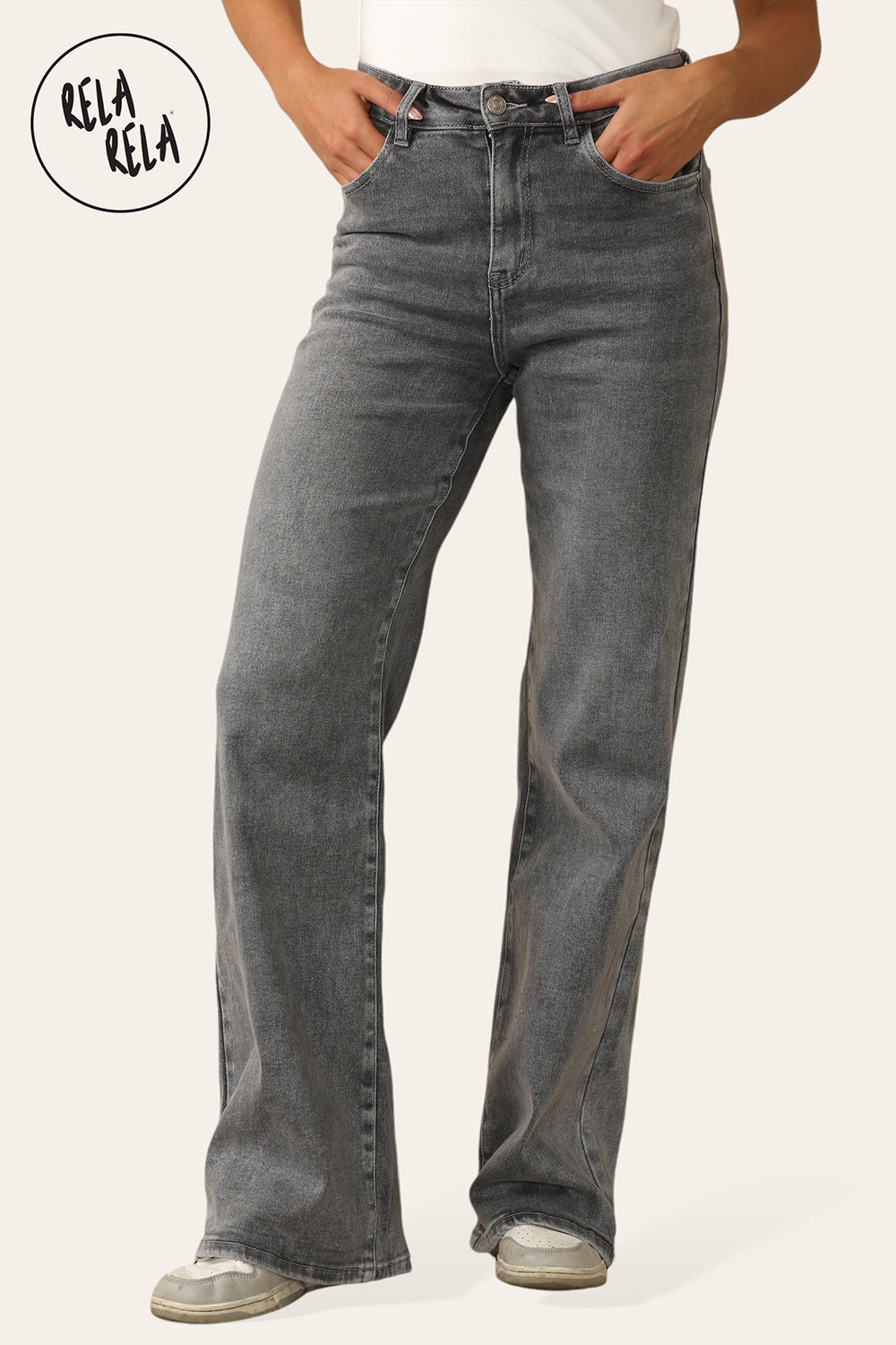 Viral Stretchy Straight Leg Jeans Soft Dad Fit in Dark Grey