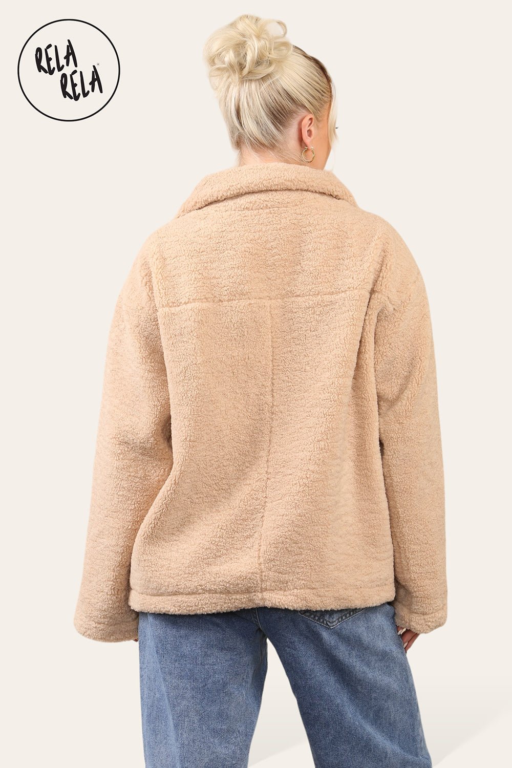 Teddy Fleece Funnel Neck Half Zip Outerwear Winter Jacket in Camel