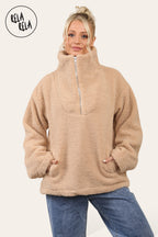 Teddy Fleece Funnel Neck Half Zip Outerwear Winter Jacket in Camel