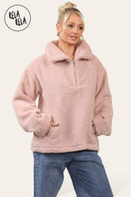 Teddy Fleece Funnel Neck Half Zip Outerwear Winter Jacket in Rose Pink