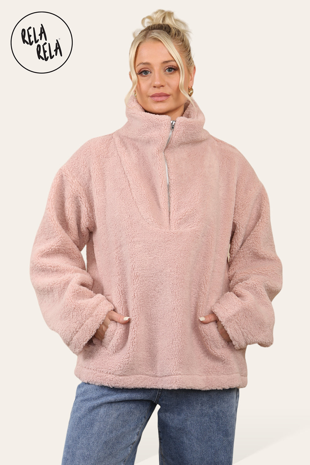 Teddy Fleece Funnel Neck Half Zip Outerwear Winter Jacket in Rose Pink