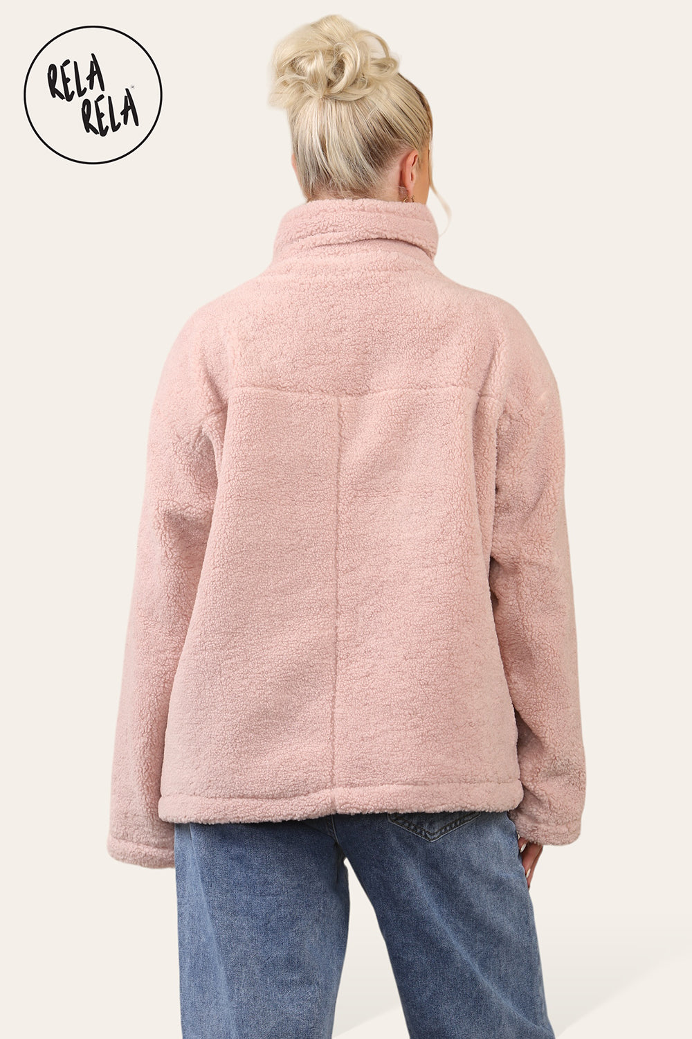 Teddy Fleece Funnel Neck Half Zip Outerwear Winter Jacket in Rose Pink