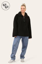 Teddy Fleece Funnel Neck Half Zip Outerwear Winter Jacket in Black