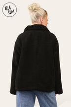 Teddy Fleece Funnel Neck Half Zip Outerwear Winter Jacket in Black