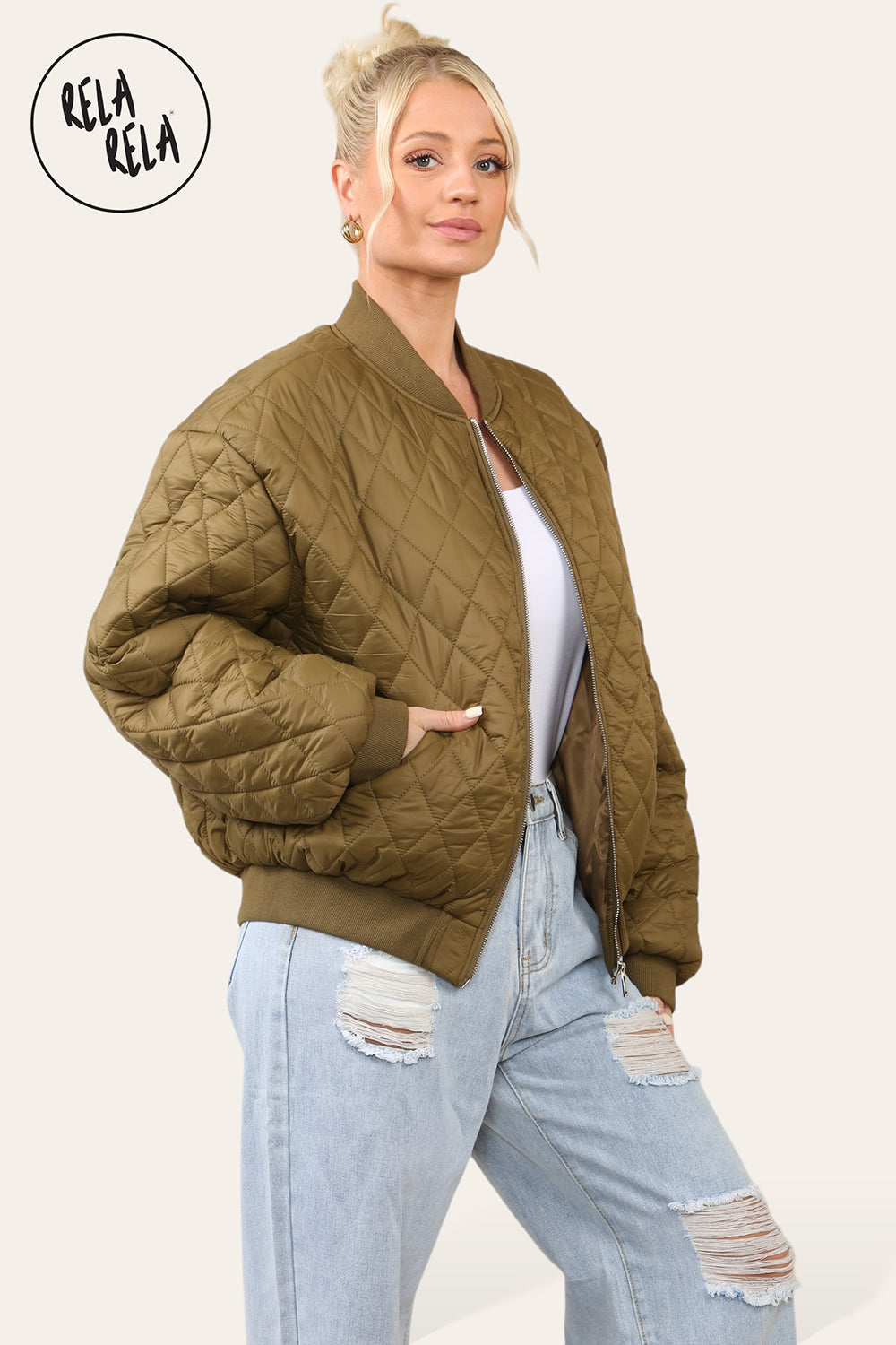 Cropped Quilted Oversize Bomber Jacket Winter Jacket in Khaki