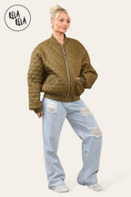 Cropped Quilted Oversize Bomber Jacket Winter Jacket in Khaki