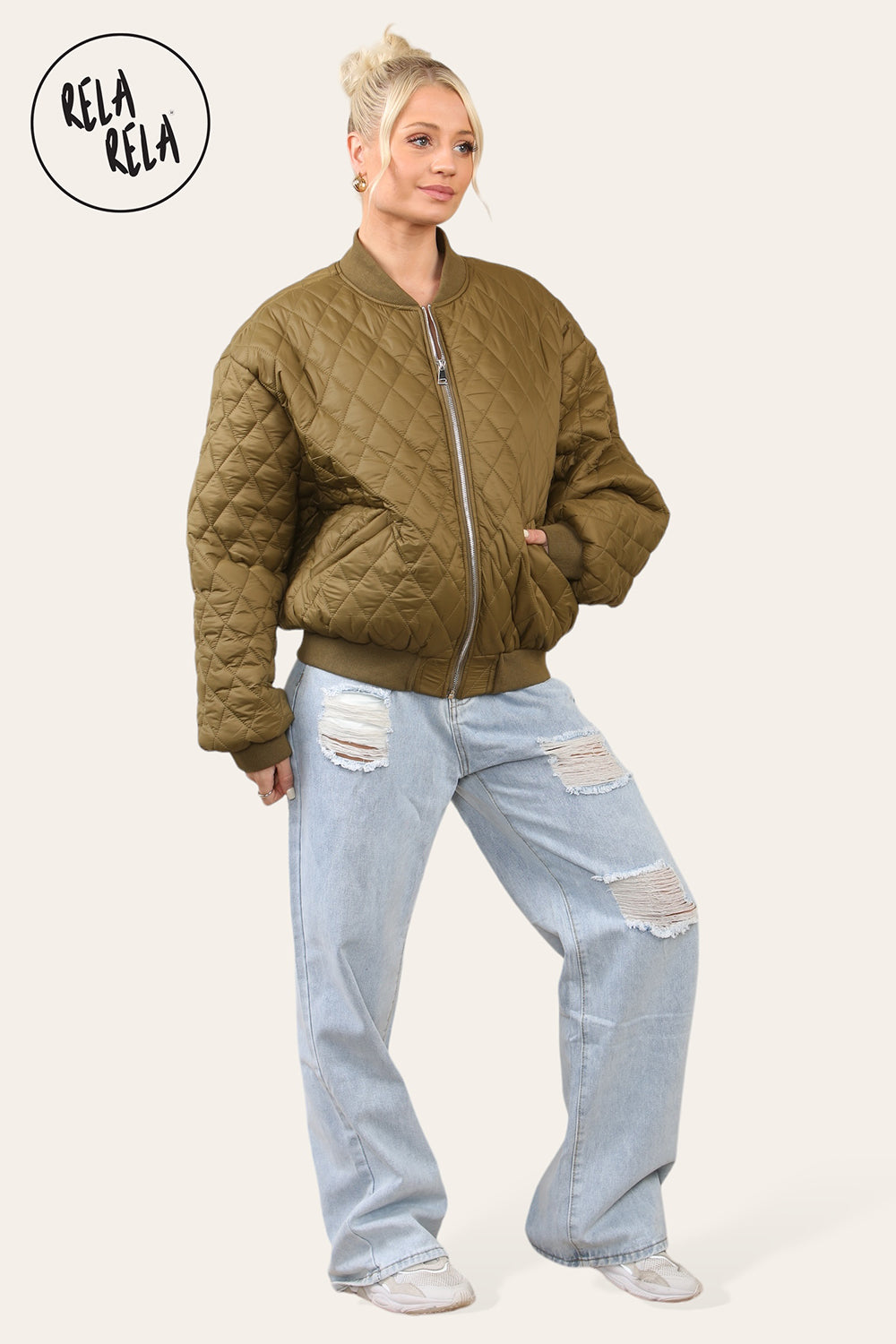 Cropped Quilted Oversize Bomber Jacket Winter Jacket in Khaki