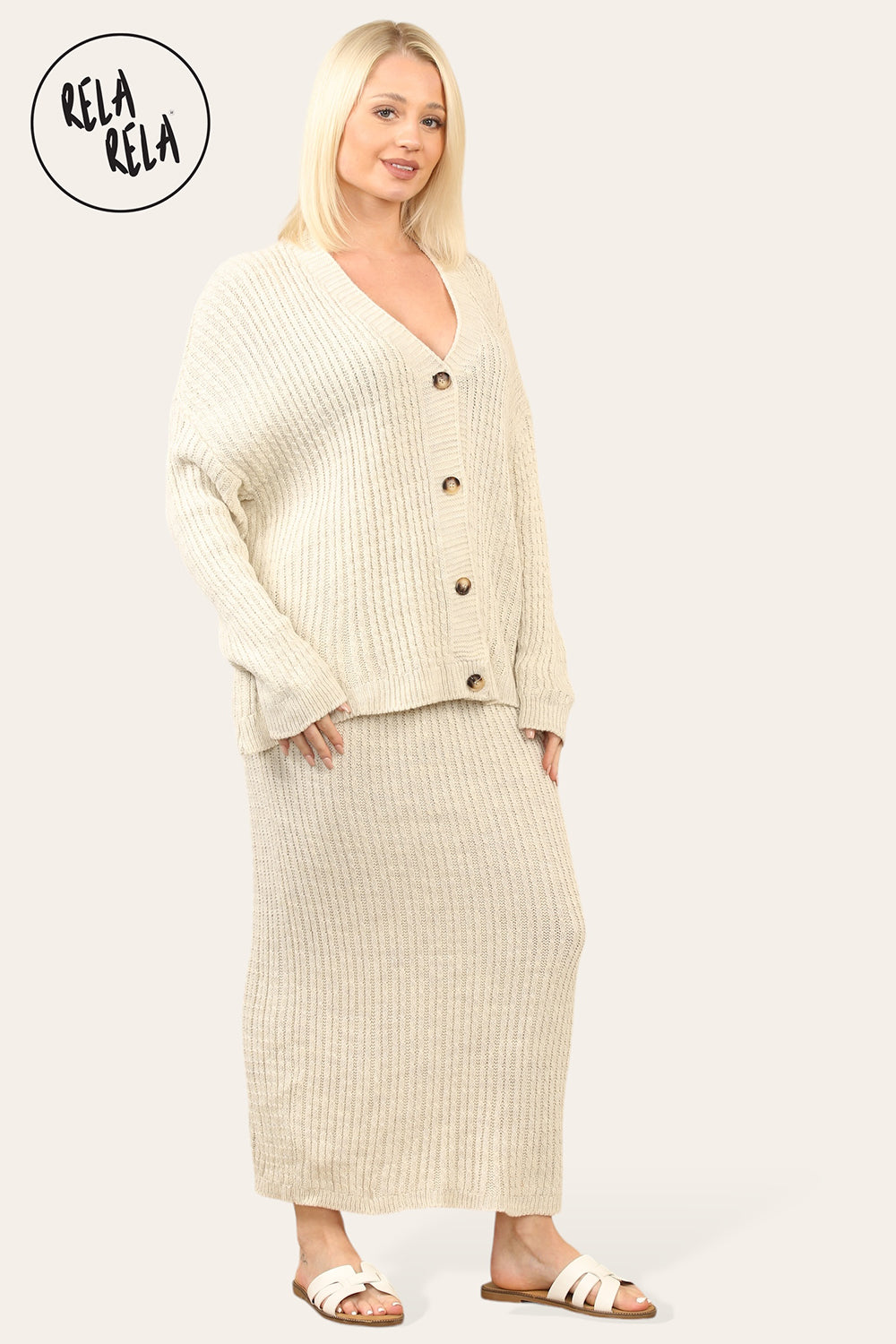 Slouchy Knit Jumper & Midi Skirt Loungewear Set Co-Ord in Beige