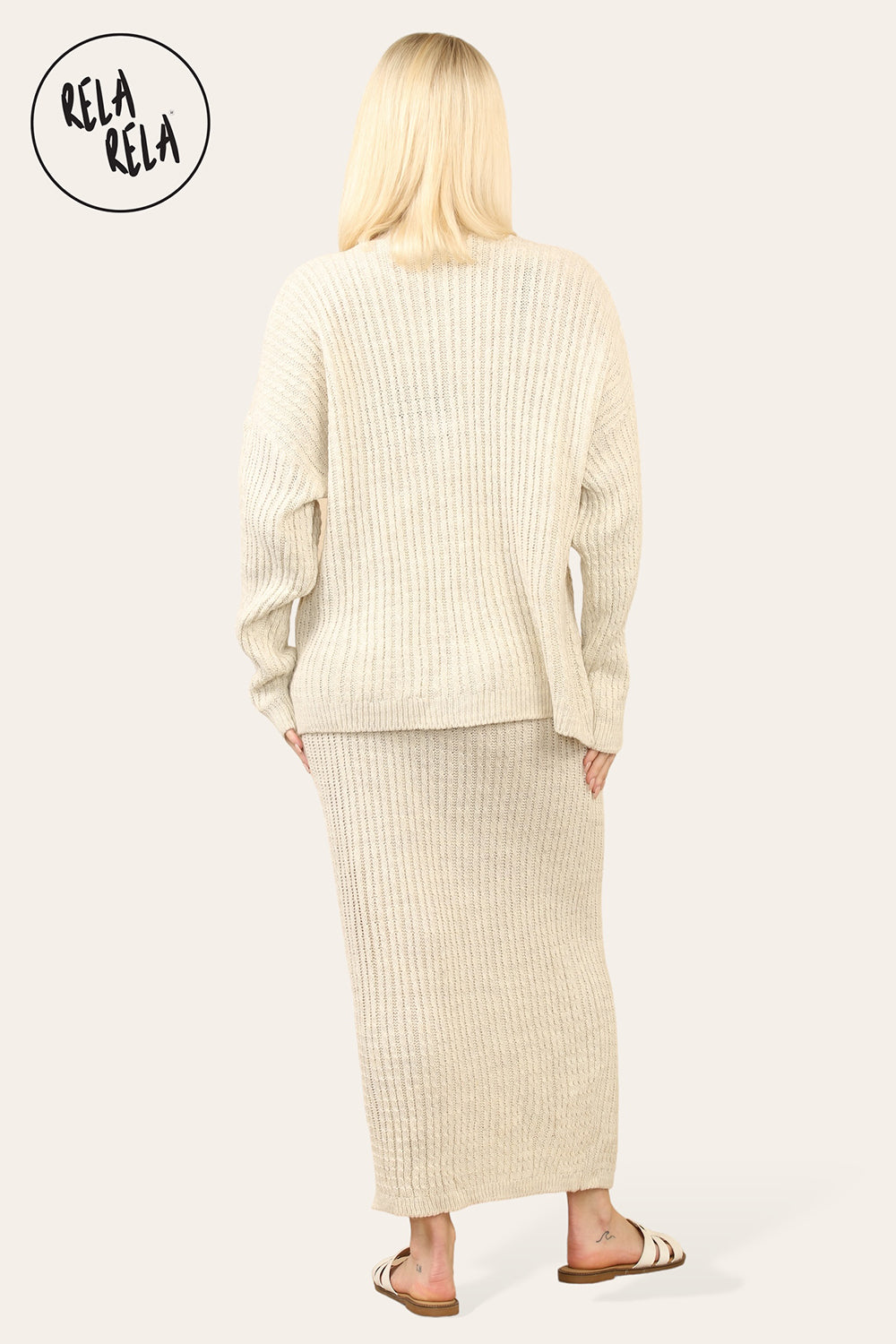 Slouchy Knit Jumper & Midi Skirt Loungewear Set Co-Ord in Beige