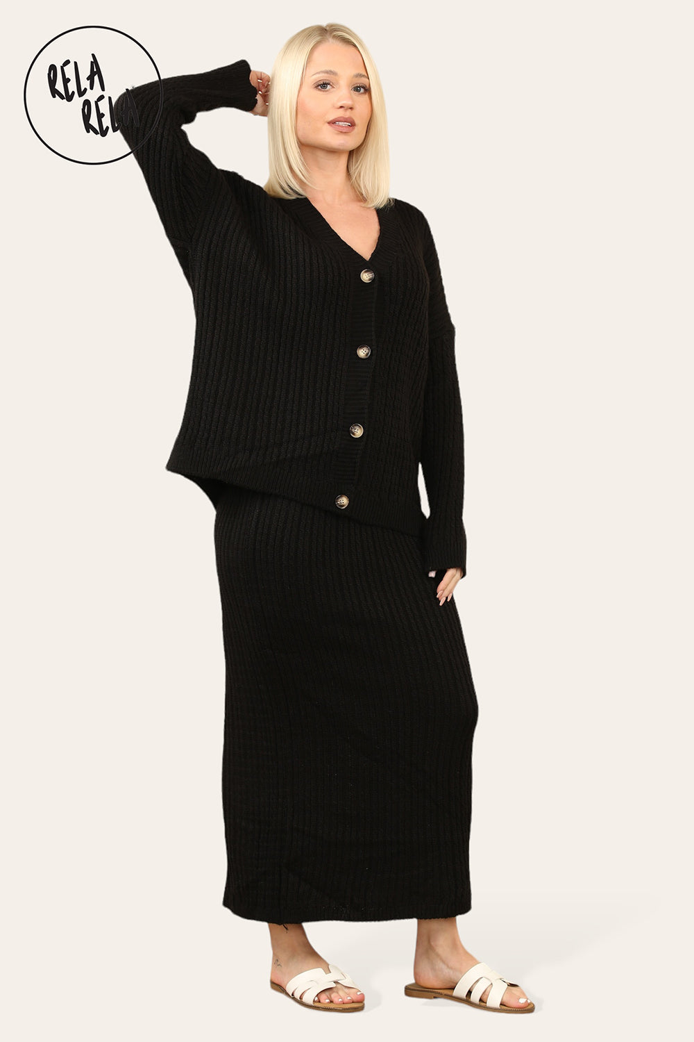 Slouchy Knit Jumper & Midi Skirt Loungewear Set Co-Ord in Black