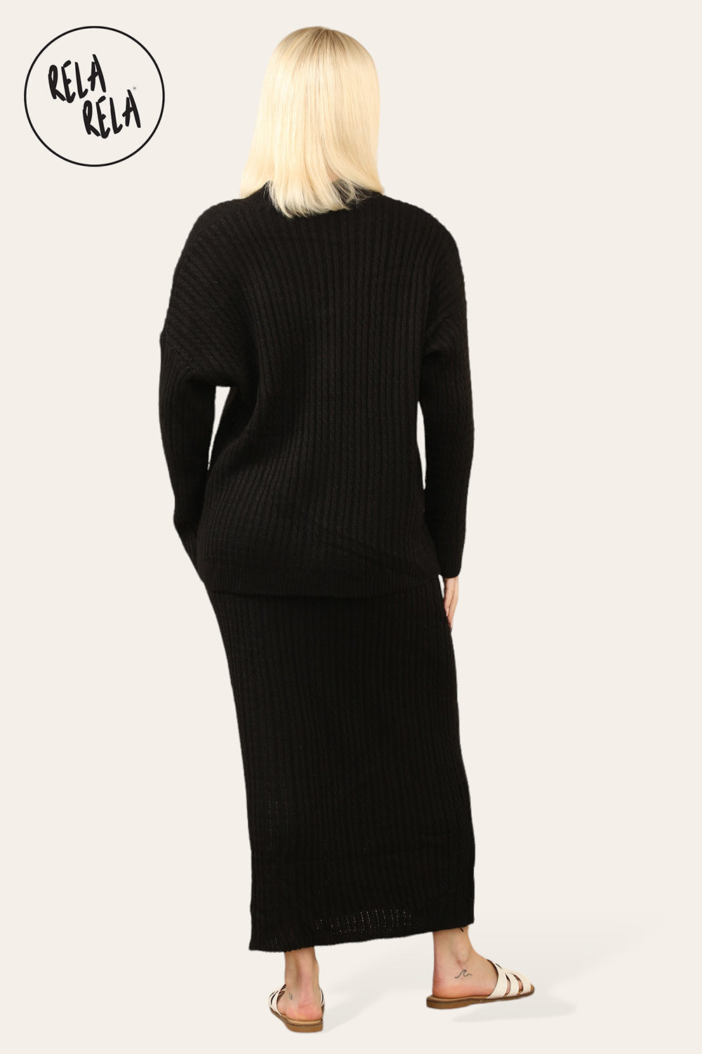 Slouchy Knit Jumper & Midi Skirt Loungewear Set Co-Ord in Black
