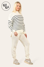 Striped Jumper & Knitted Jogger Co-Ord Set with Pockets in Cream