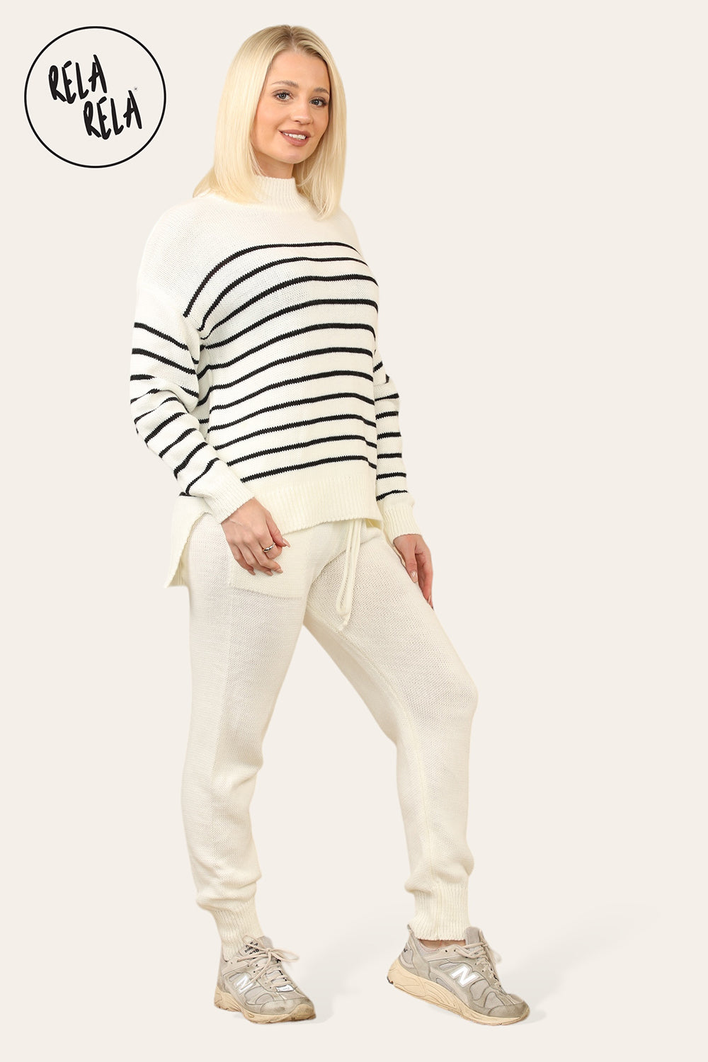 Striped Jumper & Knitted Jogger Co-Ord Set with Pockets in Cream