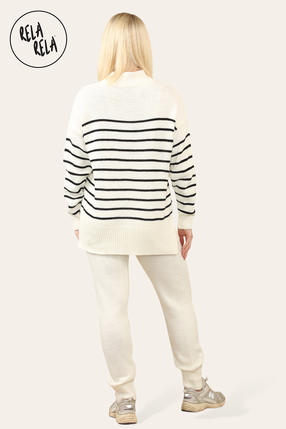 Striped Jumper & Knitted Jogger Co-Ord Set with Pockets in Cream
