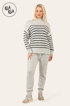 Striped Jumper & Knitted Jogger Co-Ord Set with Pockets in Grey