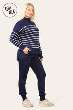 Striped Jumper & Knitted Jogger Co-Ord Set with Pockets in Navy