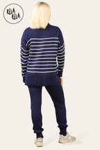 Striped Jumper & Knitted Jogger Co-Ord Set with Pockets in Navy