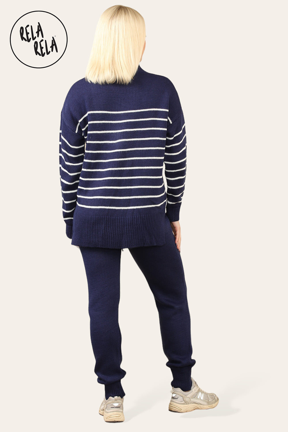 Striped Jumper & Knitted Jogger Co-Ord Set with Pockets in Navy