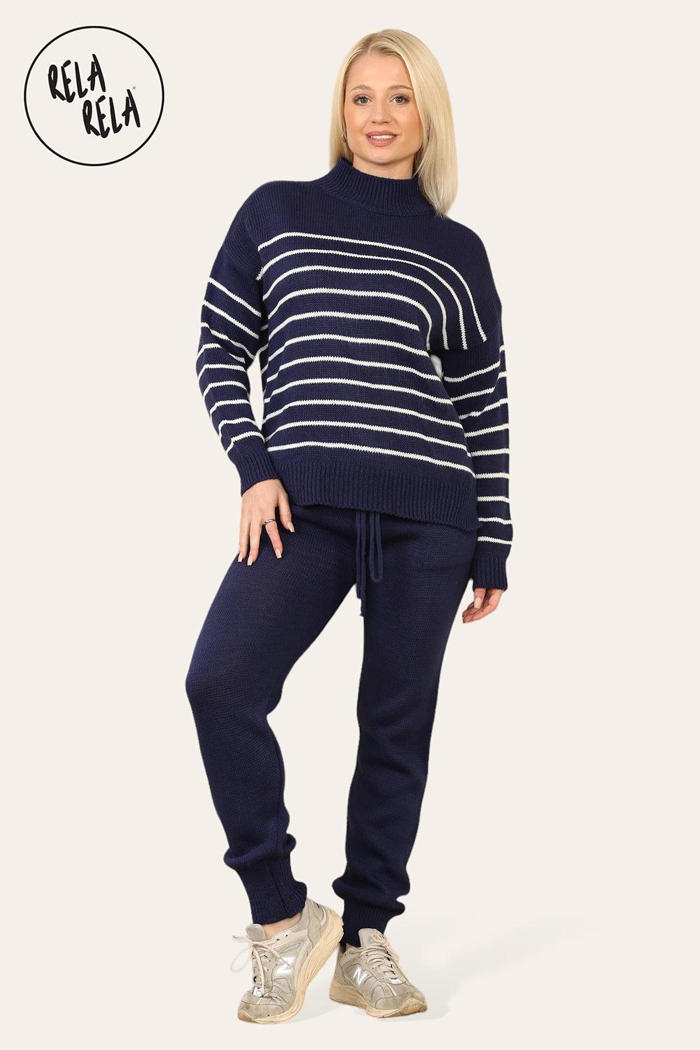 Striped Jumper & Knitted Jogger Co-Ord Set with Pockets in Navy