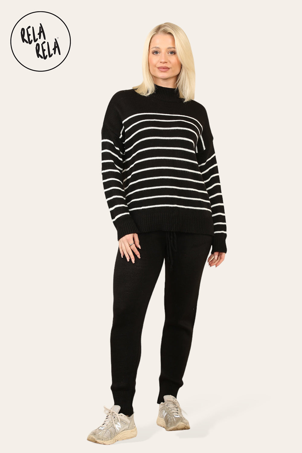 Striped Jumper & Knitted Jogger Co-Ord Set with Pockets in Black