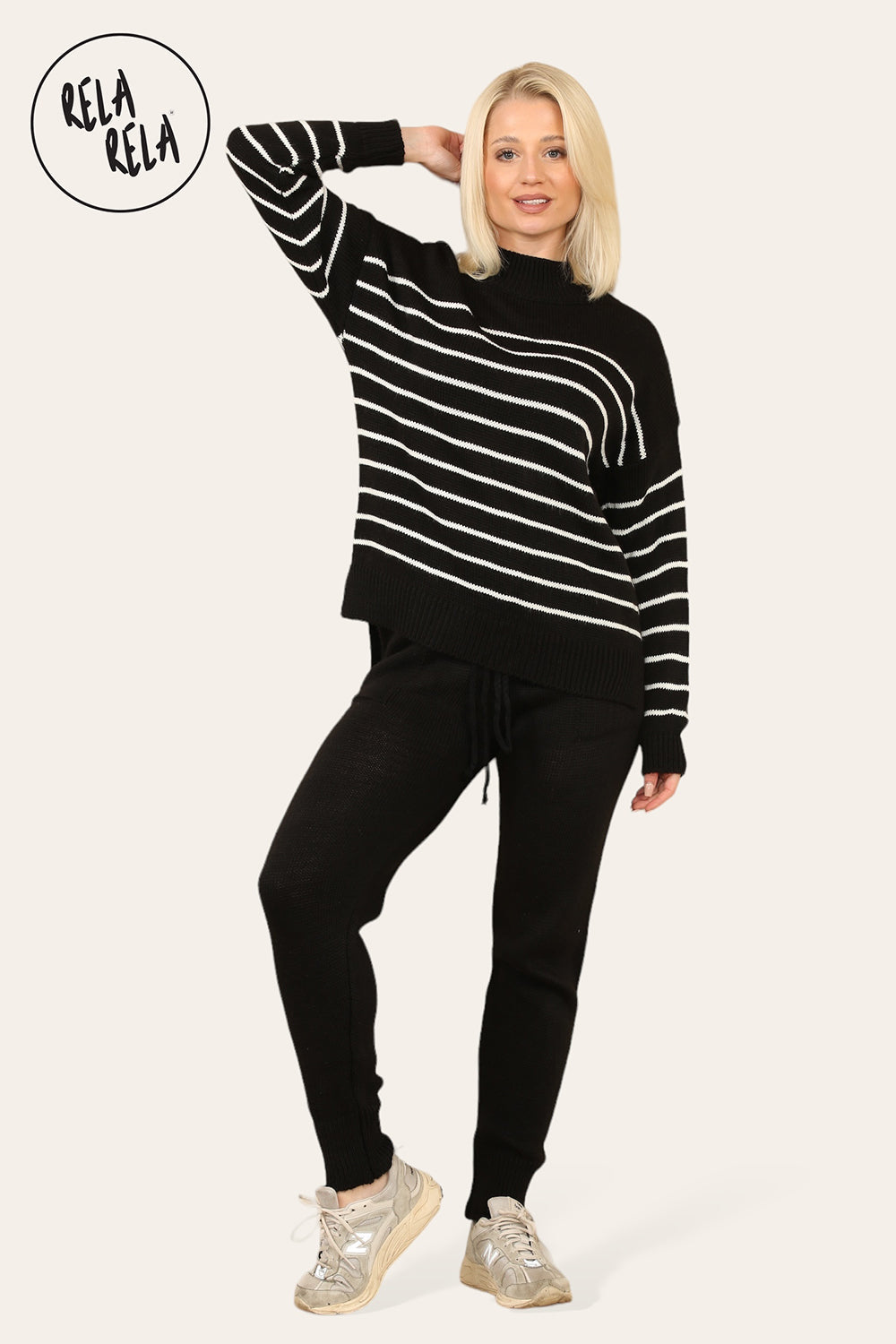 Striped Jumper & Knitted Jogger Co-Ord Set with Pockets in Black