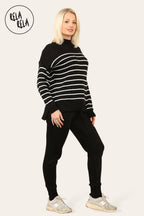 Striped Jumper & Knitted Jogger Co-Ord Set with Pockets in Black