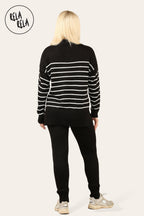 Striped Jumper & Knitted Jogger Co-Ord Set with Pockets in Black