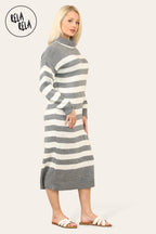 Grey & White Striped Midi Jumper Dress with Long Sleeves