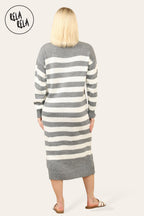 Grey & White Striped Midi Jumper Dress with Long Sleeves