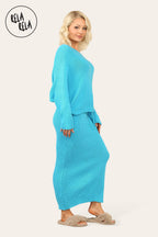 Cropped Batwing Jumper & Knitted Midi Skirt Set in Blue