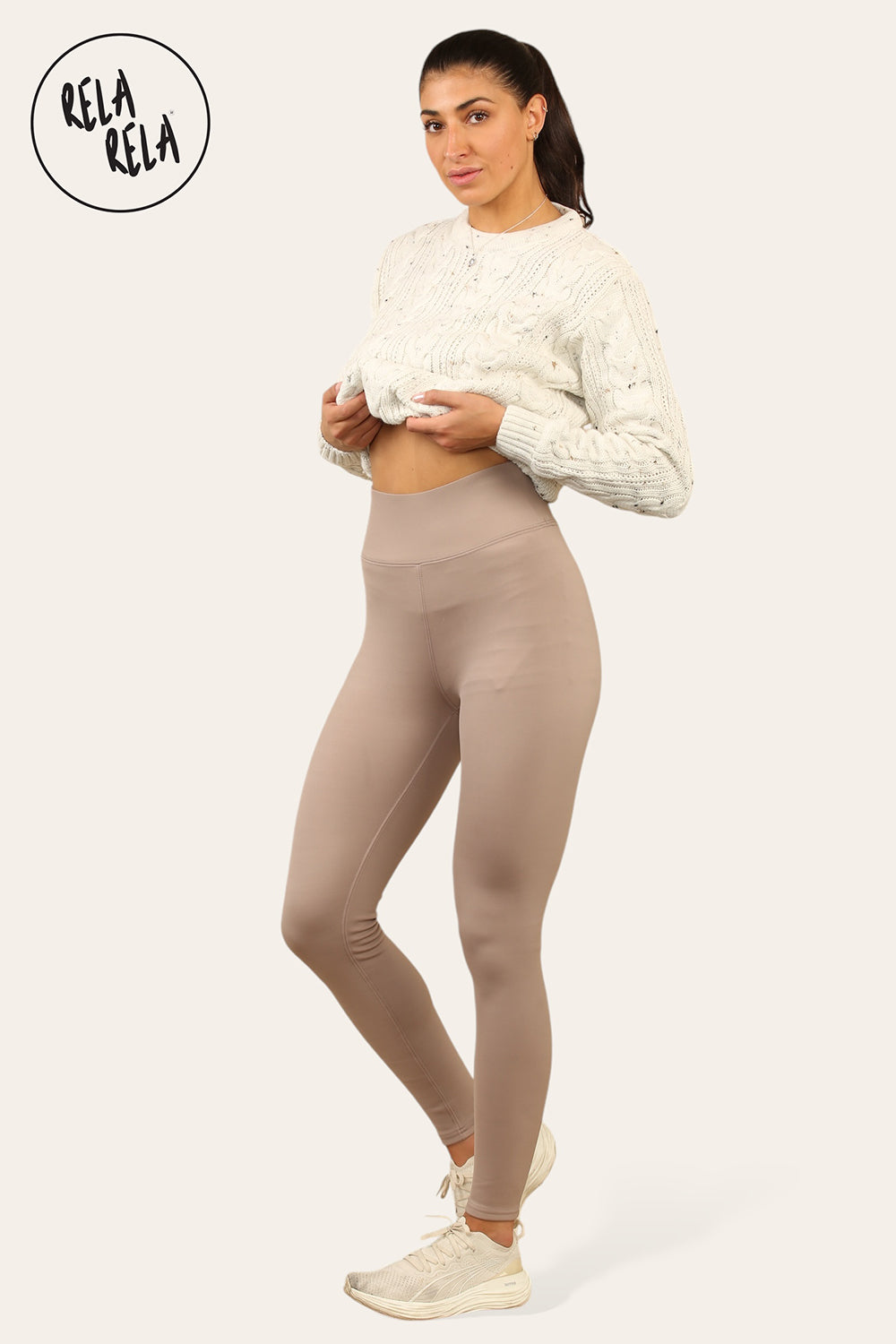 High Waisted Fleece Lined Thermal Leggings in Taupe