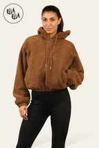 Teddy Fleece Zip Up Hooded Boxy Jacket for Winter in Camel