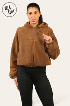 Teddy Fleece Zip Up Hooded Boxy Jacket for Winter in Camel