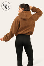 Teddy Fleece Zip Up Hooded Boxy Jacket for Winter in Camel