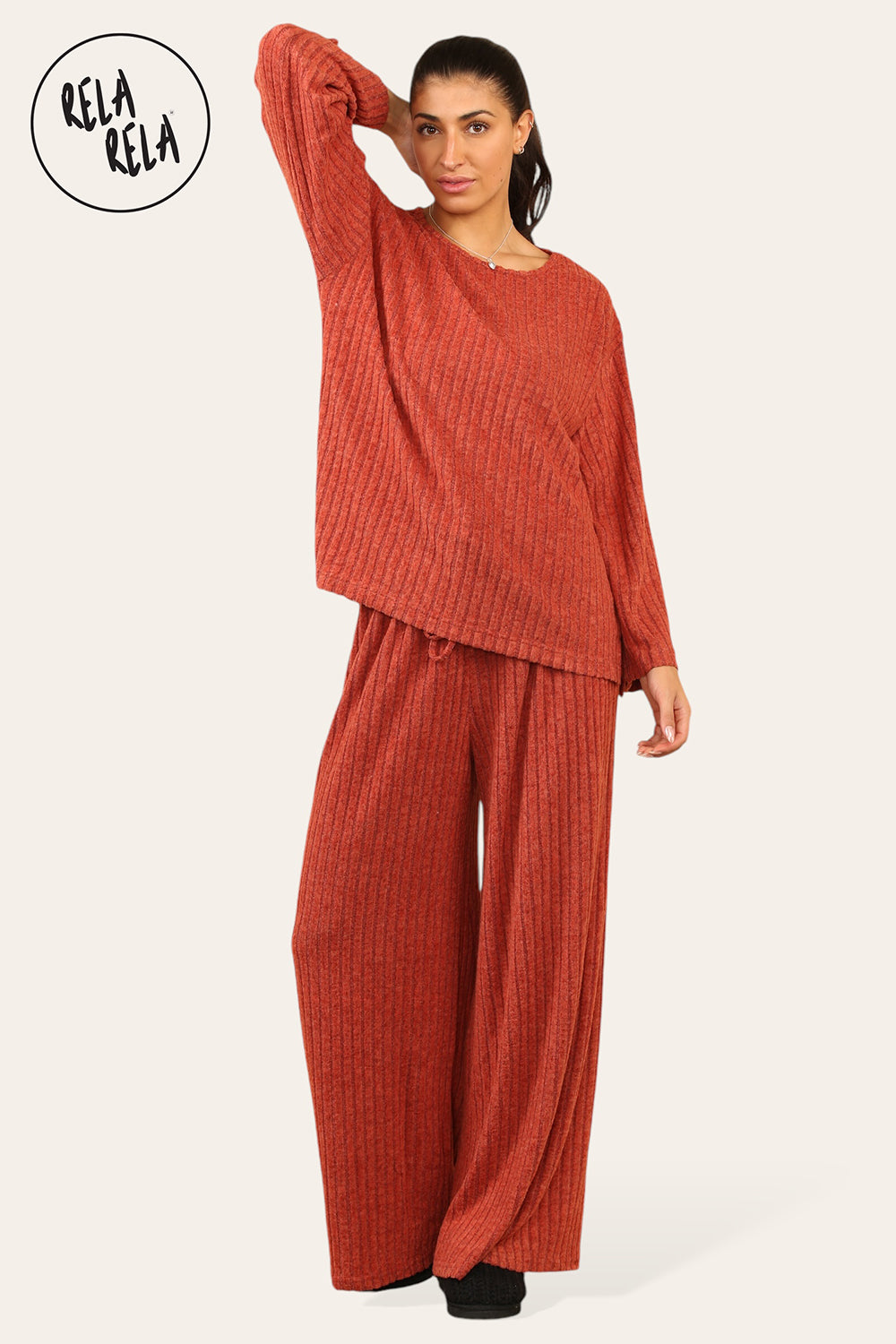 Ribbed Long Sleeve Co-Ord Set with Matching Top & Trousers in Rust