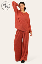 Ribbed Long Sleeve Co-Ord Set with Matching Top & Trousers in Rust