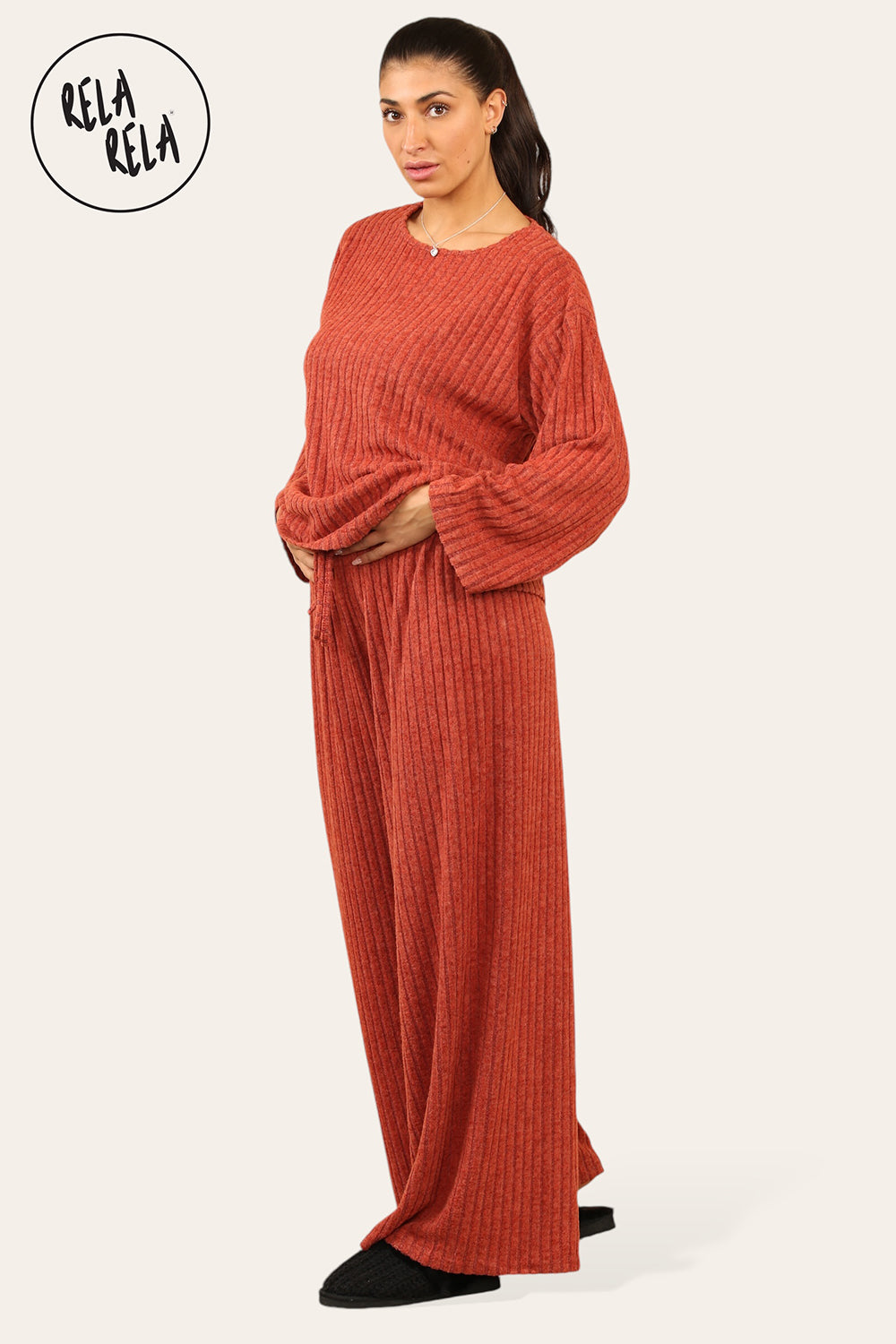 Ribbed Long Sleeve Co-Ord Set with Matching Top & Trousers in Rust